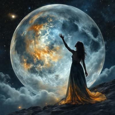 The primary subject of the image is a woman standing on a rocky surface, with her arm raised towards the sky. The setting is a nighttime scene, with a large moon visible in the background. The visual style is a digital art, creating a surreal and dreamy atmosphere. The colors are predominantly dark, with the woman's dress and the moon being the main sources of light. The mood of the image is one of wonder and contemplation, as the woman appears to be reaching out towards the moon.